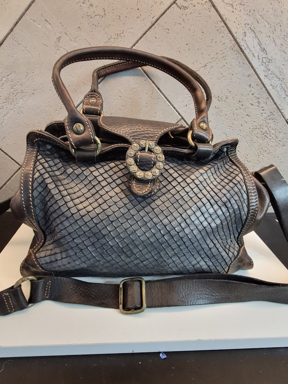 Campomaggi Teodorano Italy Black Woven Leather Satchel, Detachable Shoulder